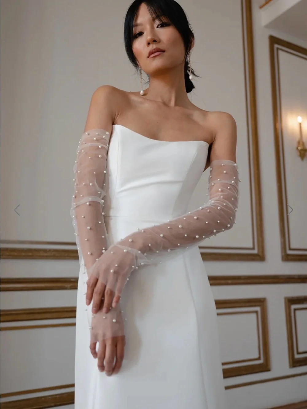 Jenny Yoo Sheer Pearl-Embellished Long Bridal Gloves in White